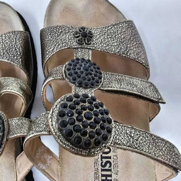 MEPHISTO STRAPPY SANDALS GOLD LEATHER BLACK CHARM WEDGE HEELS 37 US SIZE 7 - Picture 5 of 8